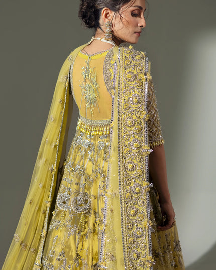 Elan | Lime Yellow Embroidered Embellished Net Maxi Dress