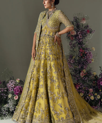 Elan | Lime Yellow Embroidered Embellished Net Maxi Dress