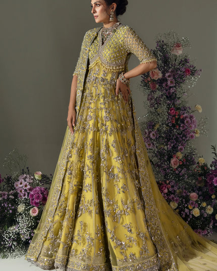 Elan | Lime Yellow Embroidered Embellished Net Maxi Dress
