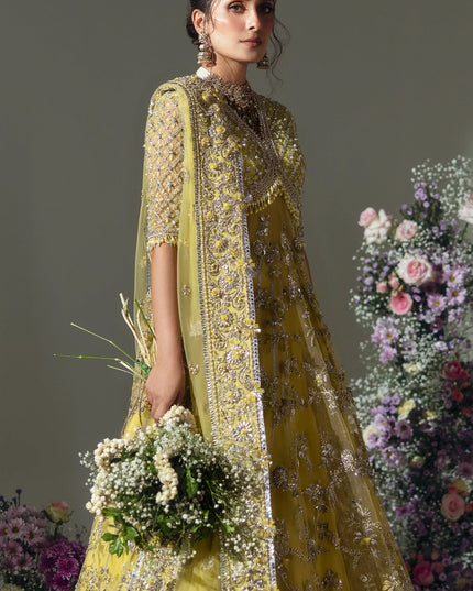Elan | Lime Yellow Embroidered Embellished Net Maxi Dress
