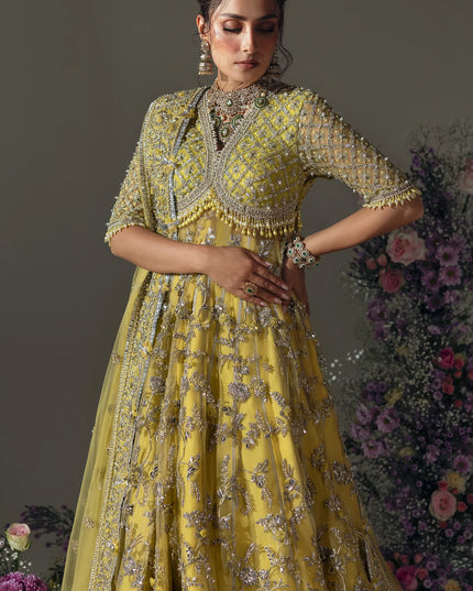 Elan | Lime Yellow Embroidered Embellished Net Maxi Dress