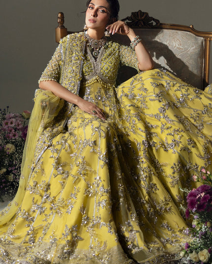 Elan | Lime Yellow Embroidered Embellished Net Maxi Dress