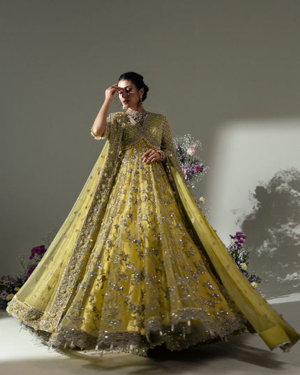 Elan | Lime Yellow Embroidered Embellished Net Maxi Dress