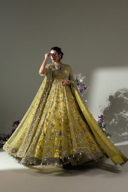 Elan | Lime Yellow Embroidered Embellished Net Maxi Dress