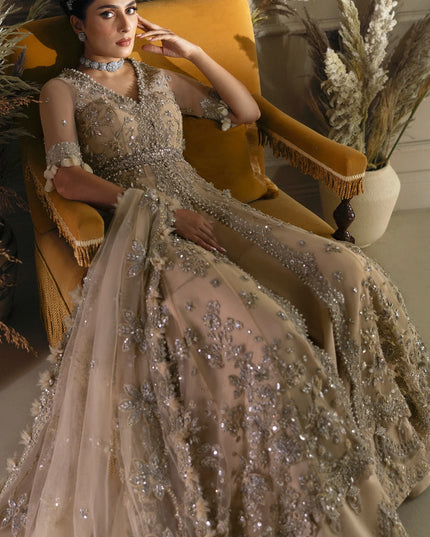 Elan | Light Yellow Embroidered Embellished Net Lehenga