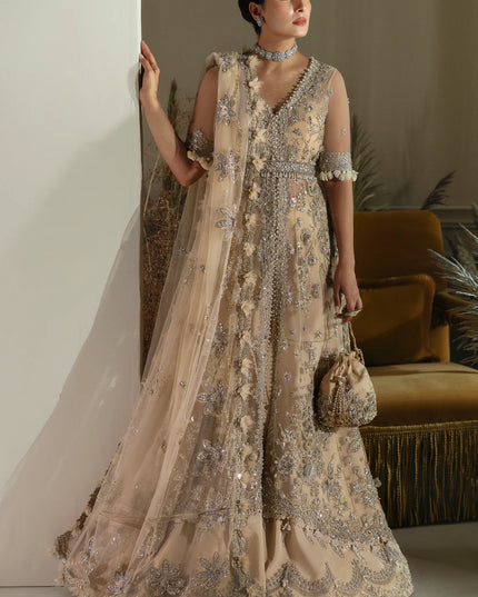 Elan | Light Yellow Embroidered Embellished Net Lehenga
