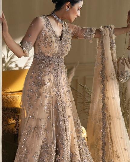 Elan | Light Yellow Embroidered Embellished Net Lehenga