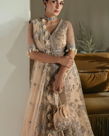 Elan | Light Yellow Embroidered Embellished Net Lehenga