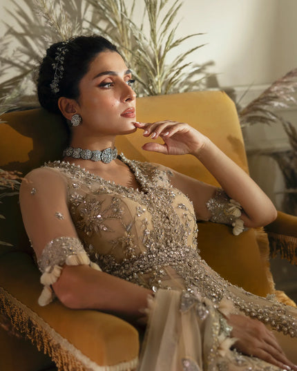 Elan | Light Yellow Embroidered Embellished Net Lehenga
