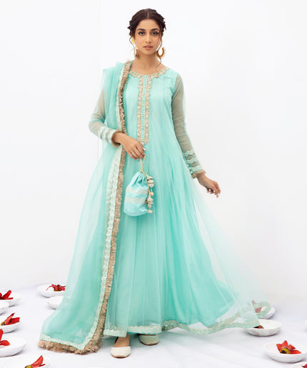 VASL | Aqua Blue Embellished Embroidered Pishwas