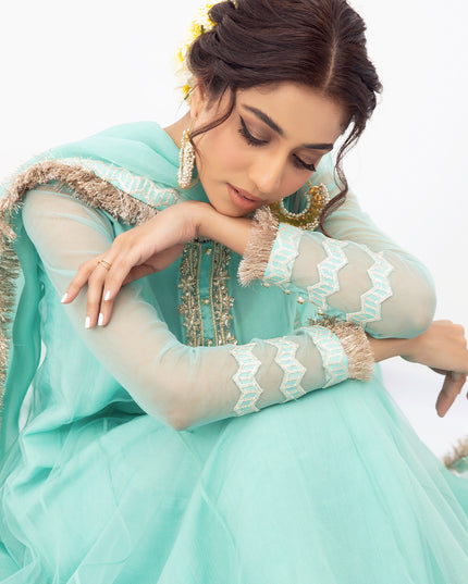 VASL | Aqua Blue Embellished Embroidered Pishwas