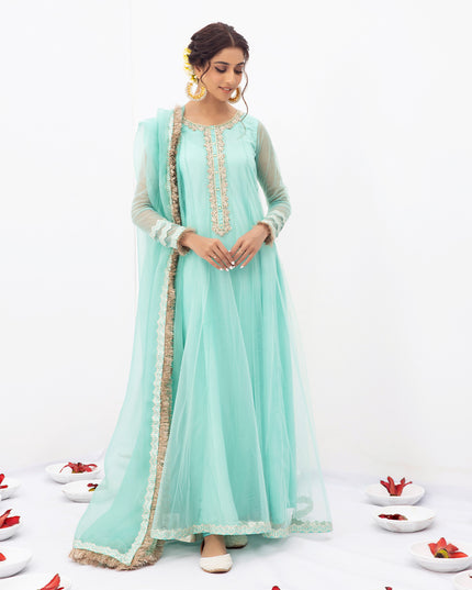 VASL | Aqua Blue Embellished Embroidered Pishwas