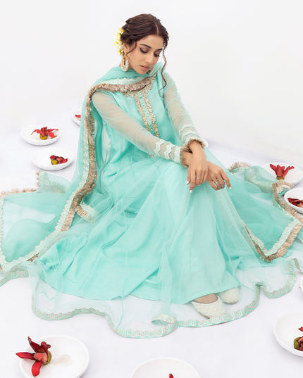 VASL | Aqua Blue Embellished Embroidered Pishwas