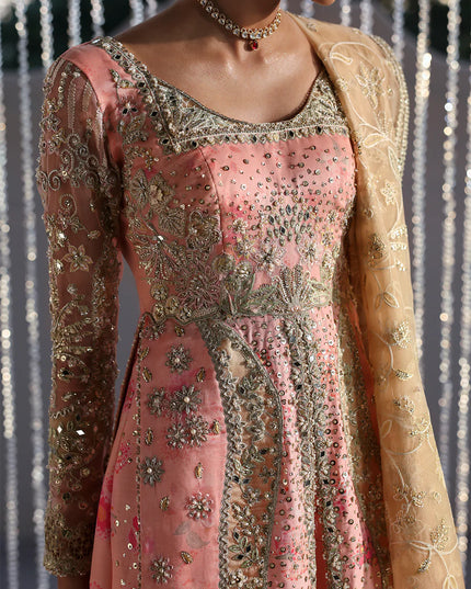 Velora | Pink Printed Silk Hand Embellished Gown