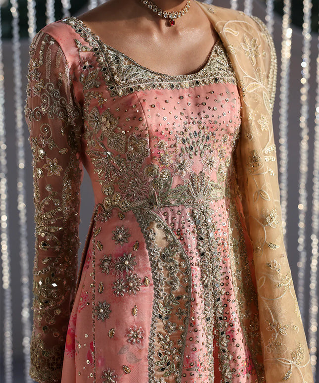 Velora | Pink Printed Silk Hand Embellished Gown