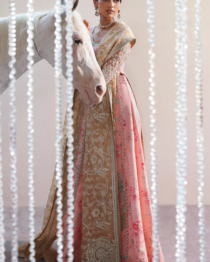 Velora | Pink Printed Silk Hand Embellished Gown