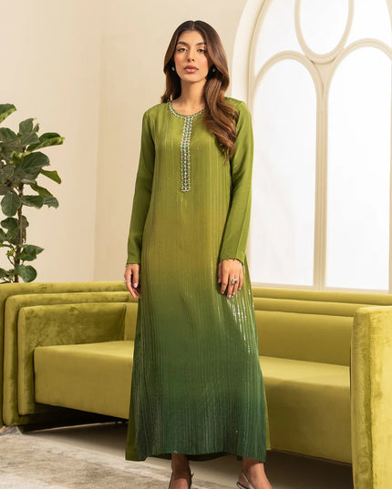 Arooj | Green Gradient Silk Embroidered Dress