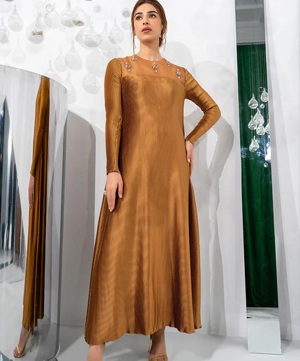 Sarina | Gold Pleated Silk Dress