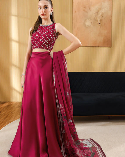 Alyssa | Pink Georgette Chiffon Embellished Sleeveless Skirt & Crop Top