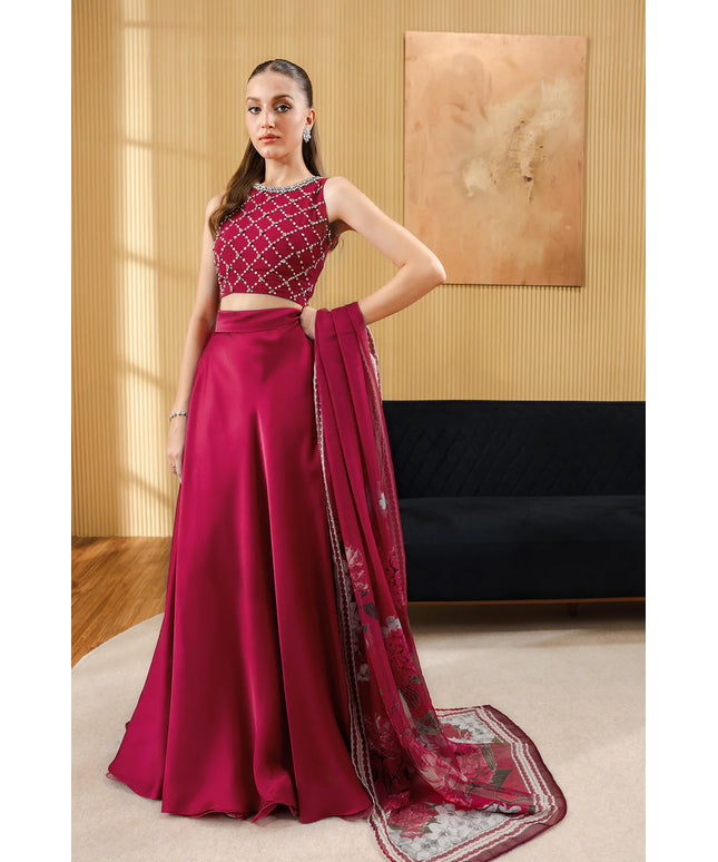 Alyssa | Pink Georgette Chiffon Embellished Sleeveless Skirt & Crop Top