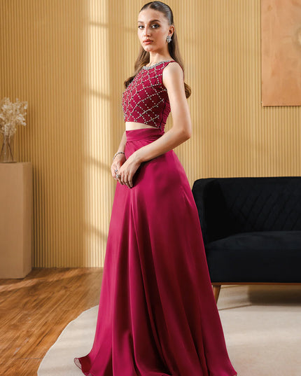 Alyssa | Pink Georgette Chiffon Embellished Sleeveless Skirt & Crop Top