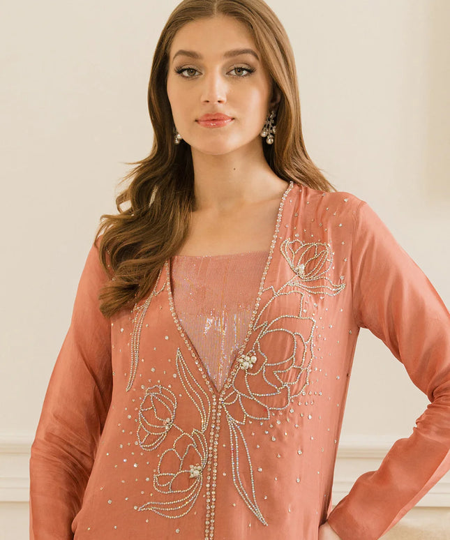 Talur | Peach Silk Embellished Floral Dress
