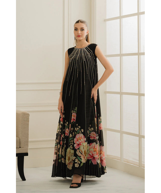 Miril | Black Embellished Sleeveless Georgette Chiffon Floral Dress