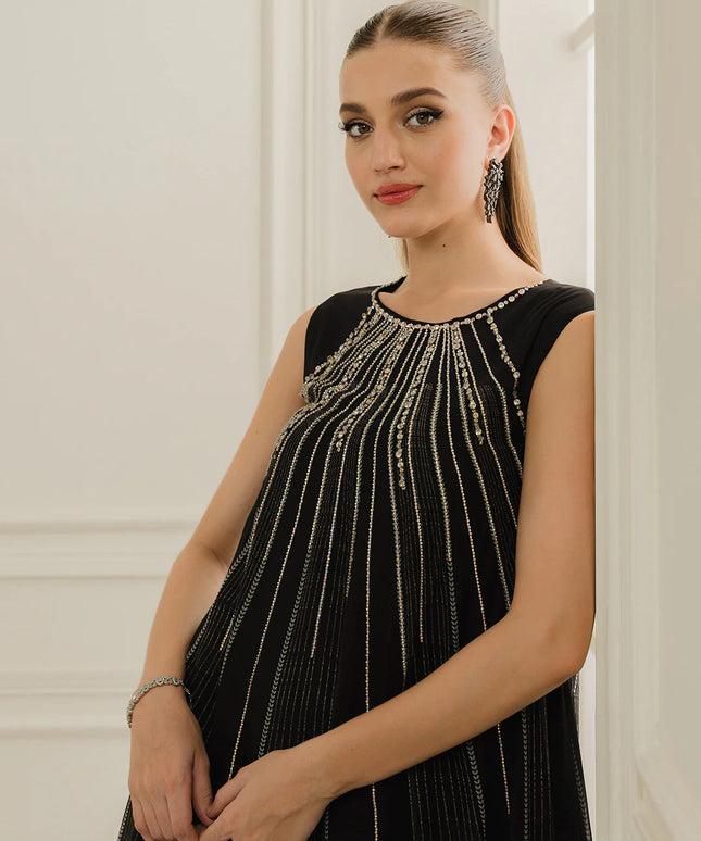 Miril | Black Embellished Sleeveless Georgette Chiffon Floral Dress