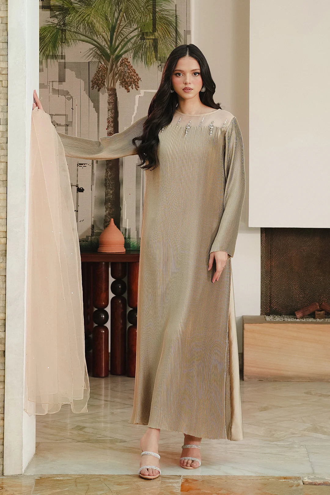 Nasreen | Gold Soft Charmeuse Silk Embellished Dress