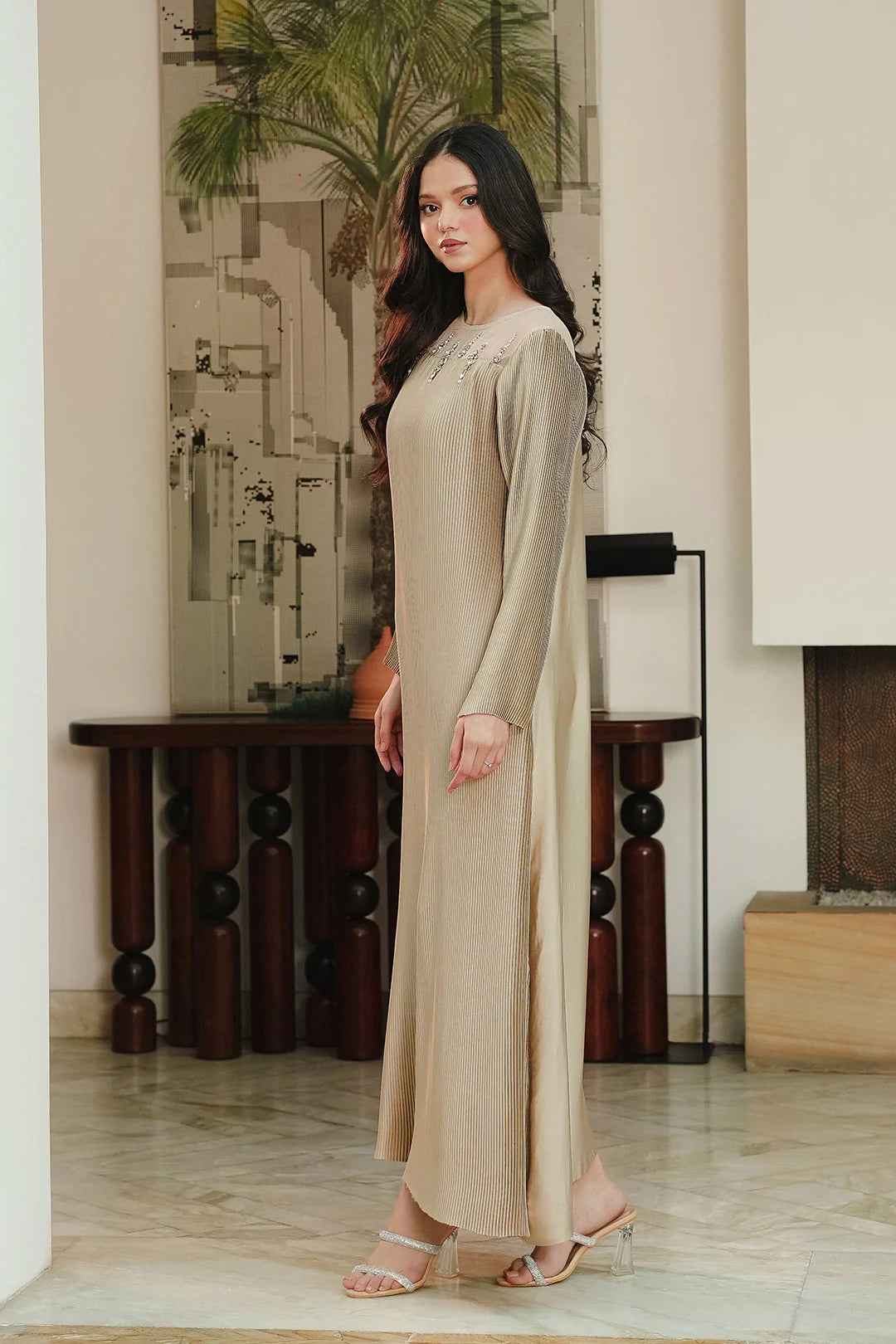 Nasreen | Gold Soft Charmeuse Silk Embellished Dress