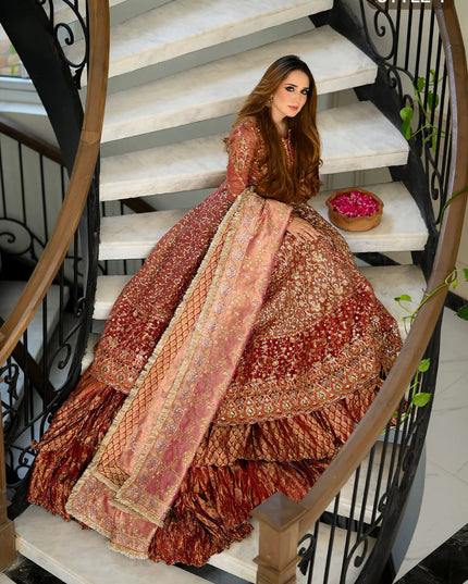 Fari | Vermillion Wedding Khaadi Net Embellished Lehenga