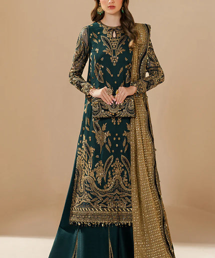 Kaya | Teal Green Embroidered Chiffon Velvet Appliqued Lehenga