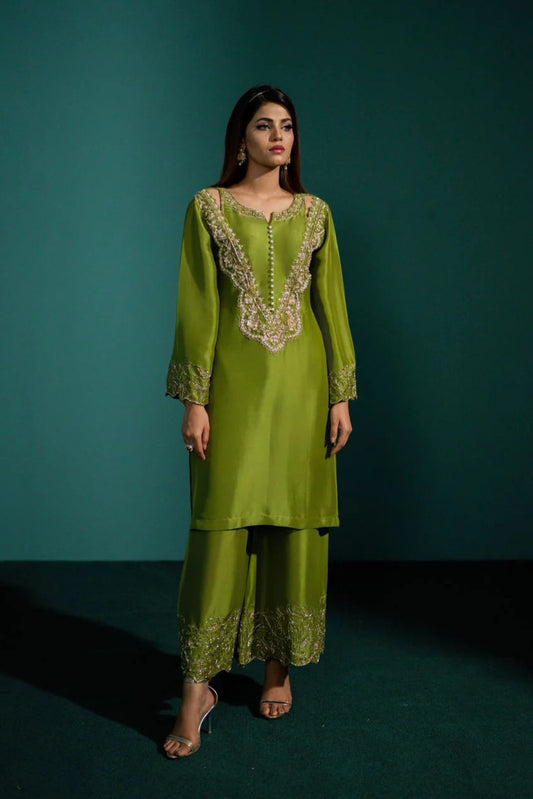 Inara | Neon Green Pure Silk Embellished Suit