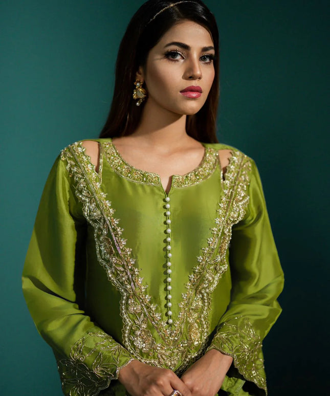 Inara | Neon Green Pure Silk Embellished Suit