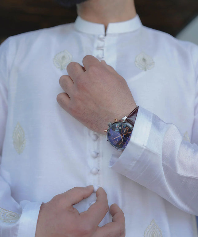 White Silk Embroidered Kurta