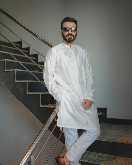 White Silk Embroidered Kurta