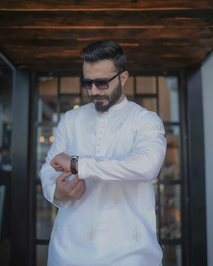 White Silk Embroidered Kurta