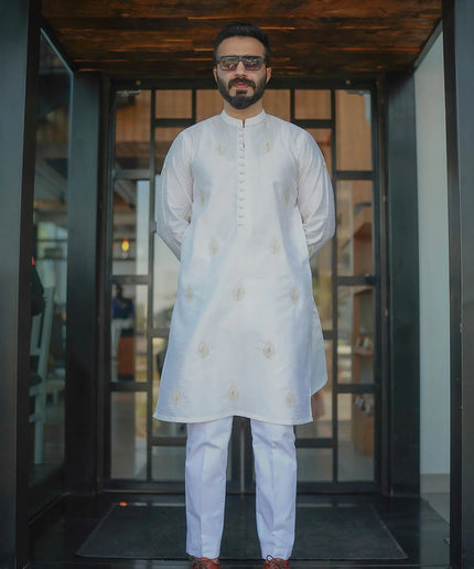 White Silk Embroidered Kurta