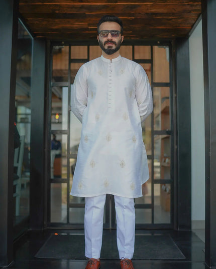 White Silk Embroidered Kurta
