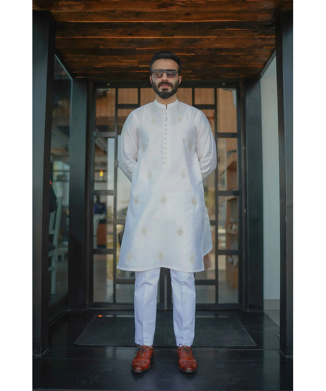 White Silk Embroidered Kurta