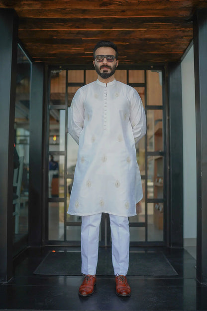White Silk Embroidered Kurta
