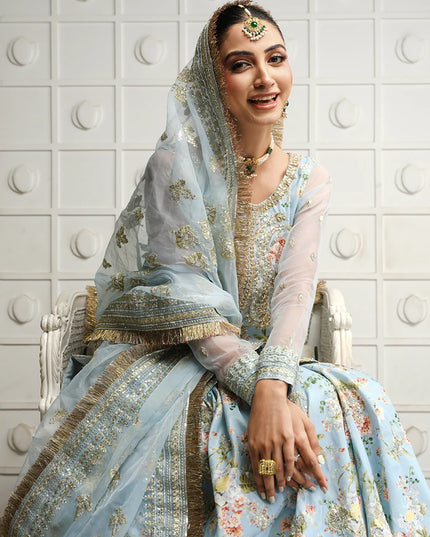 Saira Rizwan | Ice Blue Silk Embellished Gharara