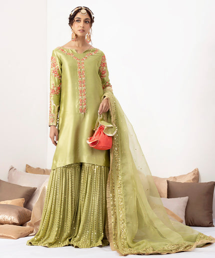 ZAINA | Green Silk Embellished Gharara