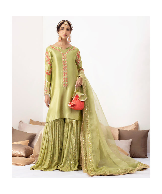 ZAINA | Green Silk Embellished Gharara