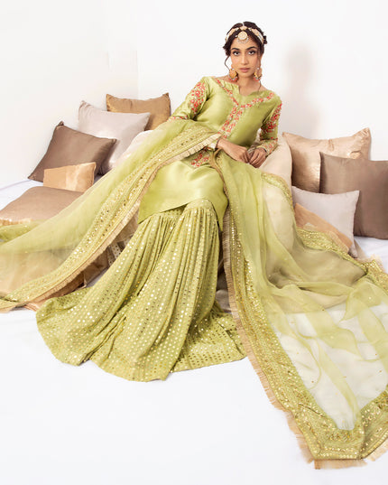 ZAINA | Green Silk Embellished Gharara