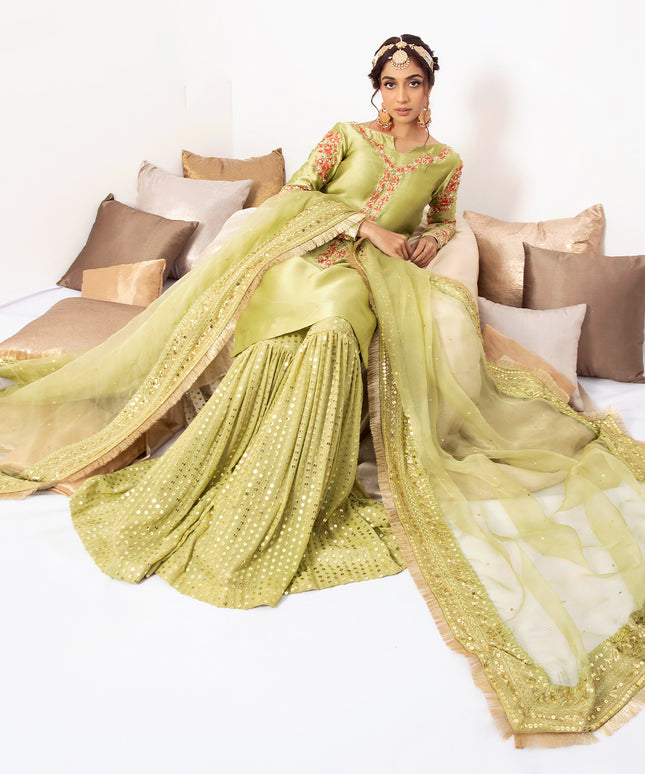 ZAINA | Green Silk Embellished Gharara