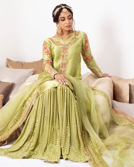 ZAINA | Green Silk Embellished Gharara