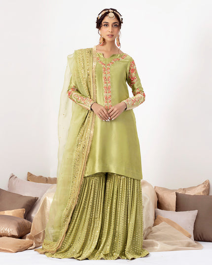 ZAINA | Green Silk Embellished Gharara