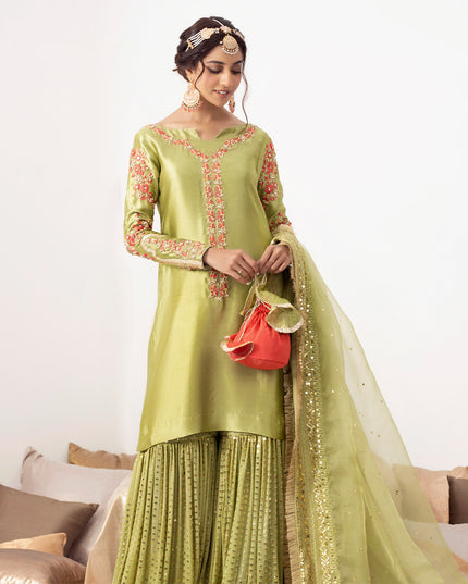 ZAINA | Green Silk Embellished Gharara