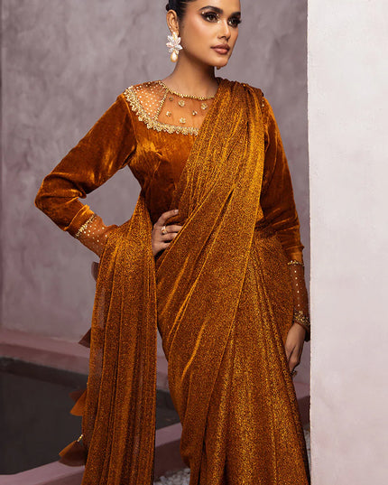 Zamira | Burnt Orange Embellished Velvet Saree
